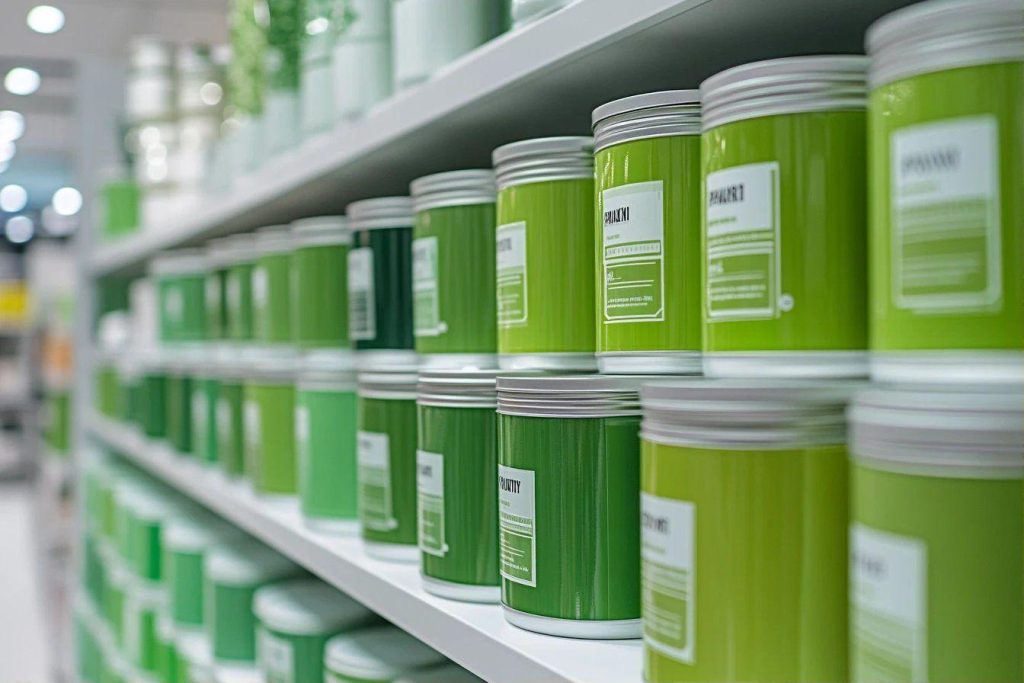 Rangées de contenants verts avec étiquettes sur des étagères blanches