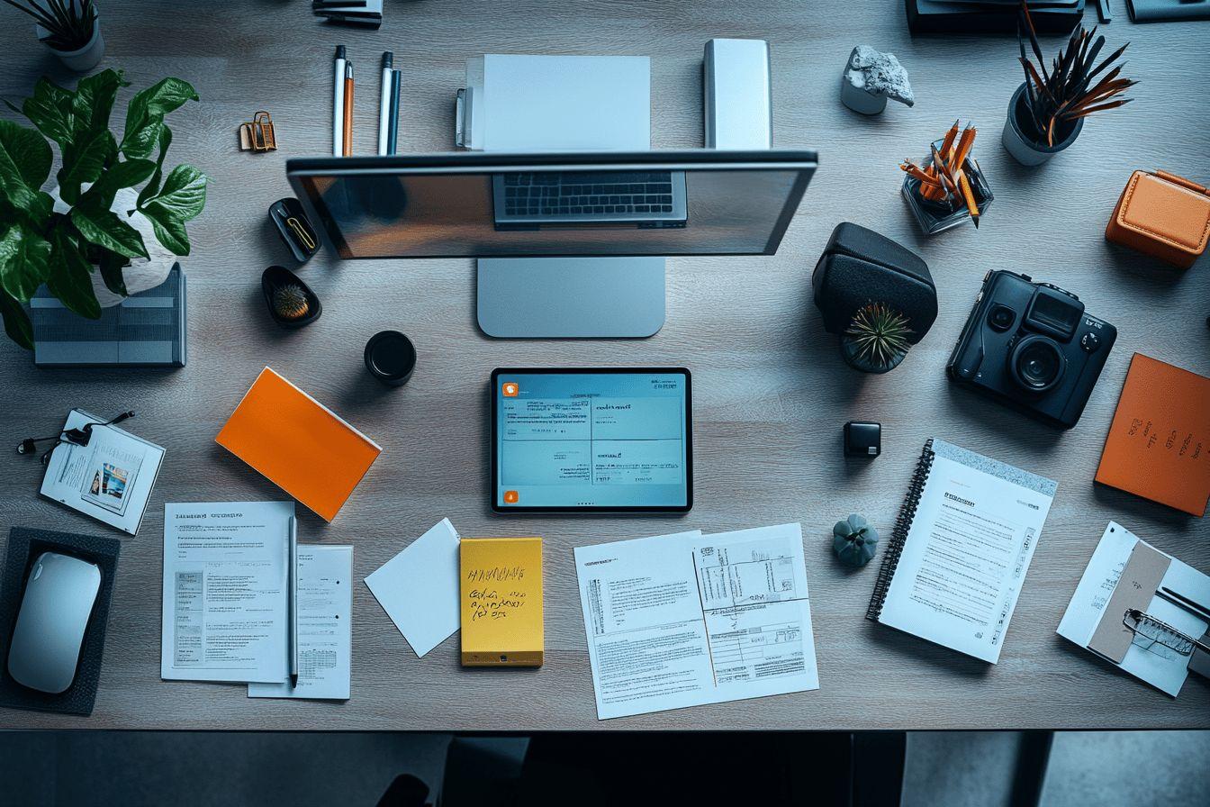 Table de travail avec ordinateur, tablette, documents et accessoires