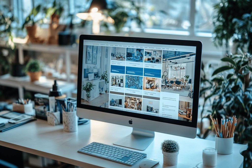 Espace de travail design avec iMac et plantes vertes