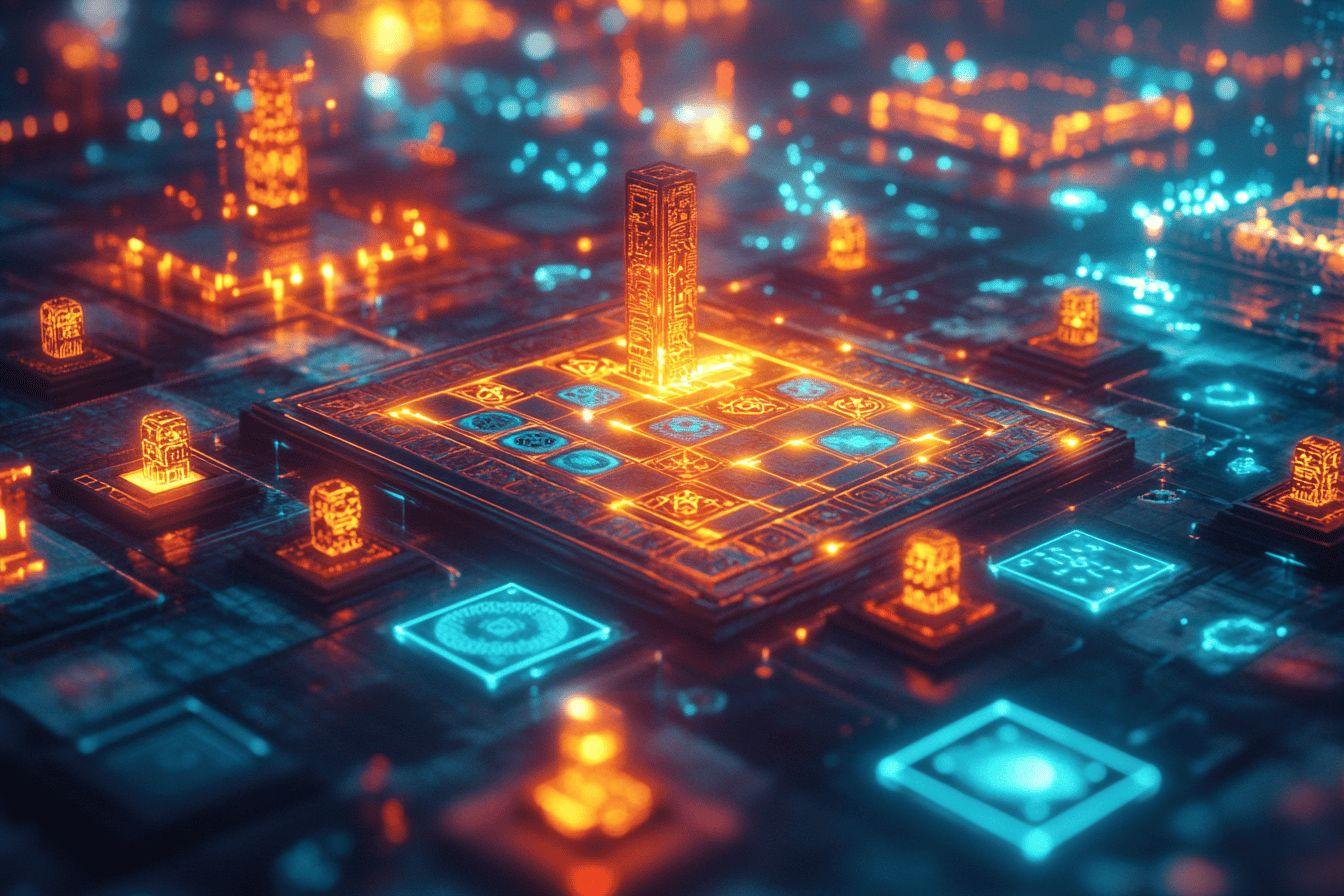 Plateau de jeu lumineux avec tours et cases électroniques