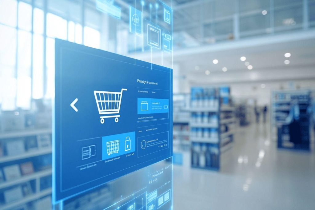 Interface numérique de boutique avec écran tactile et panier