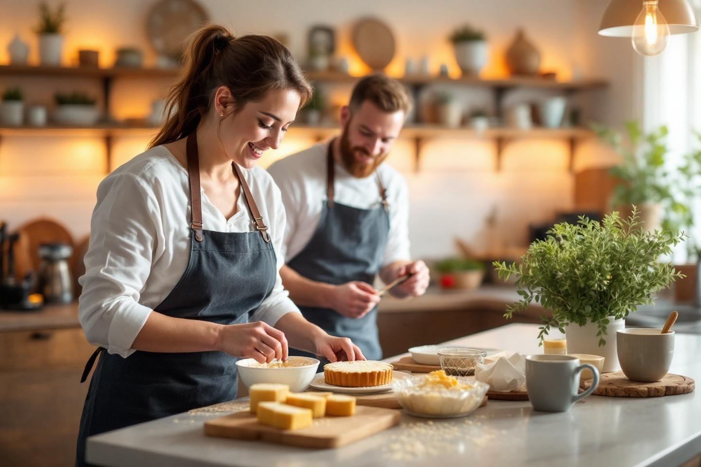 Deux personnes en tablier cuisinant dans une cuisine chaleureuse