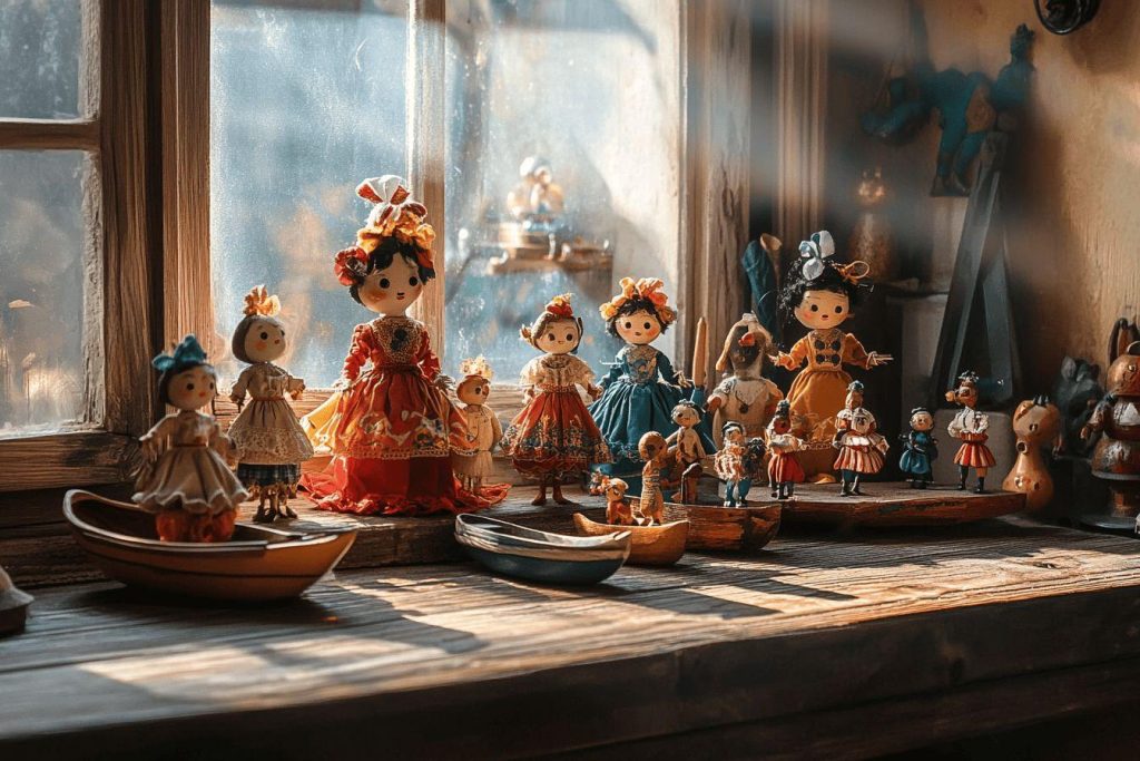 Collection de poupées vintage disposées sur un rebord de fenêtre ensoleillé