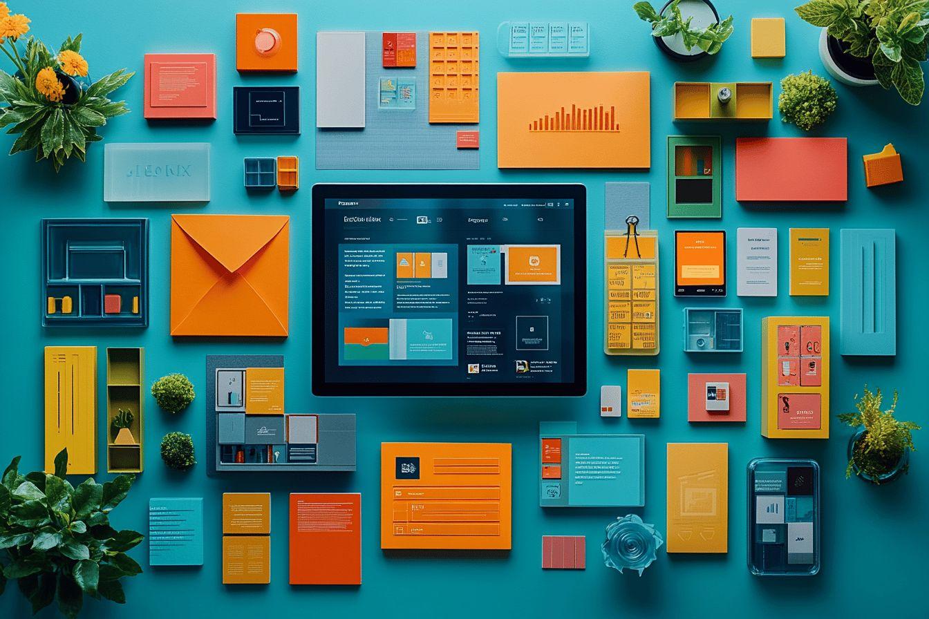 Composition graphique avec tablette, documents et éléments colorés