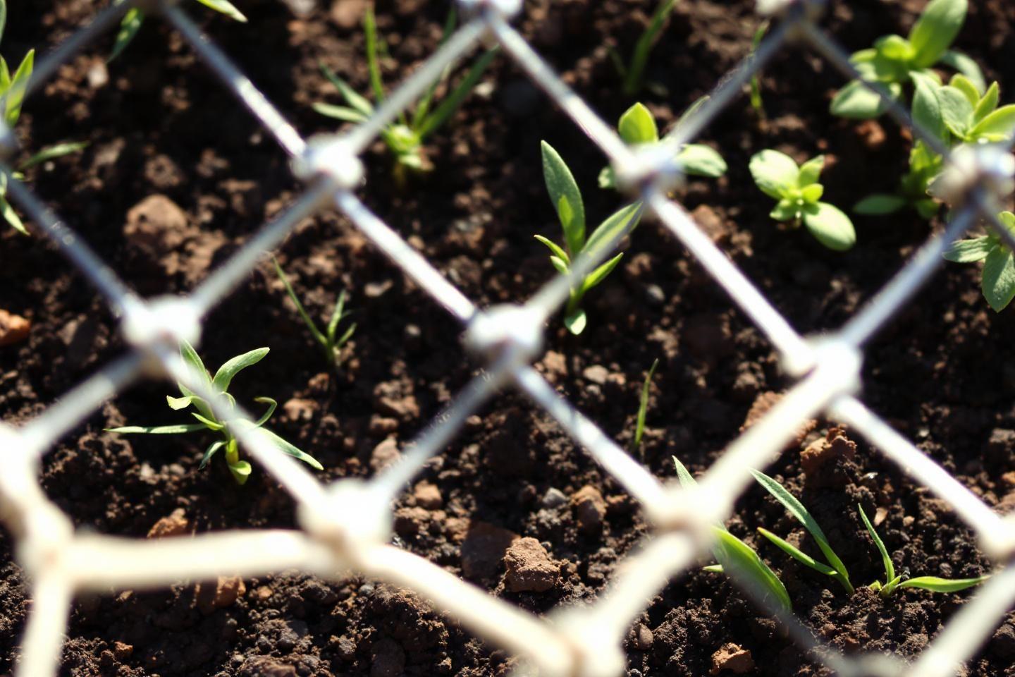 Semis de plantes vertes dans un sol sombre, vue à travers une grille