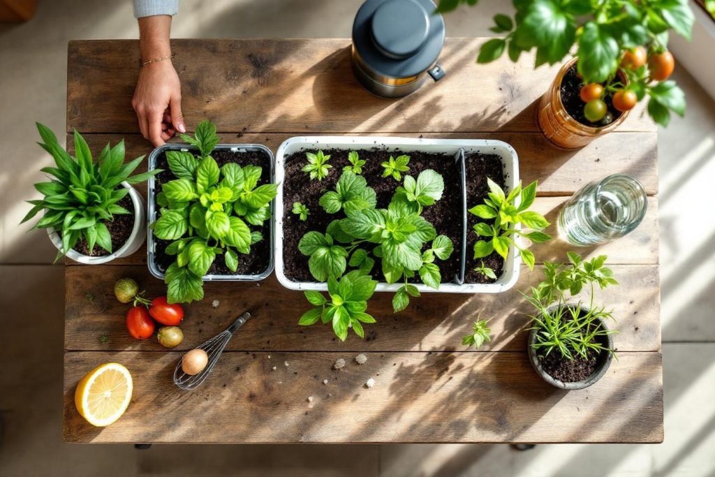 Plateau de plants de basilic et herbes diverses avec citron et tomates