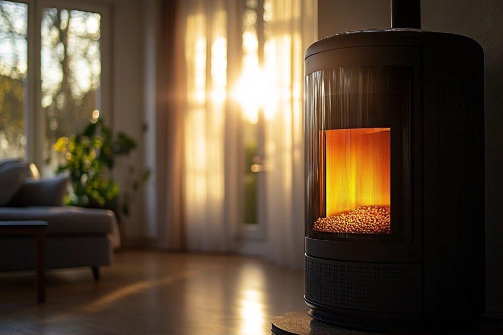 Poêle moderne noir avec flamme orange dans salon lumineux