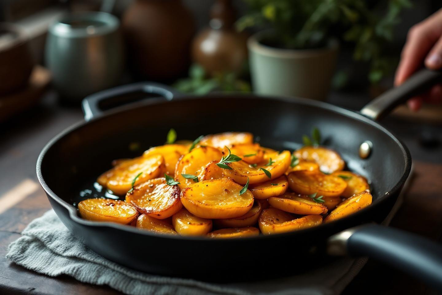 Pêches dorées à la poêle, garnies de thym frais