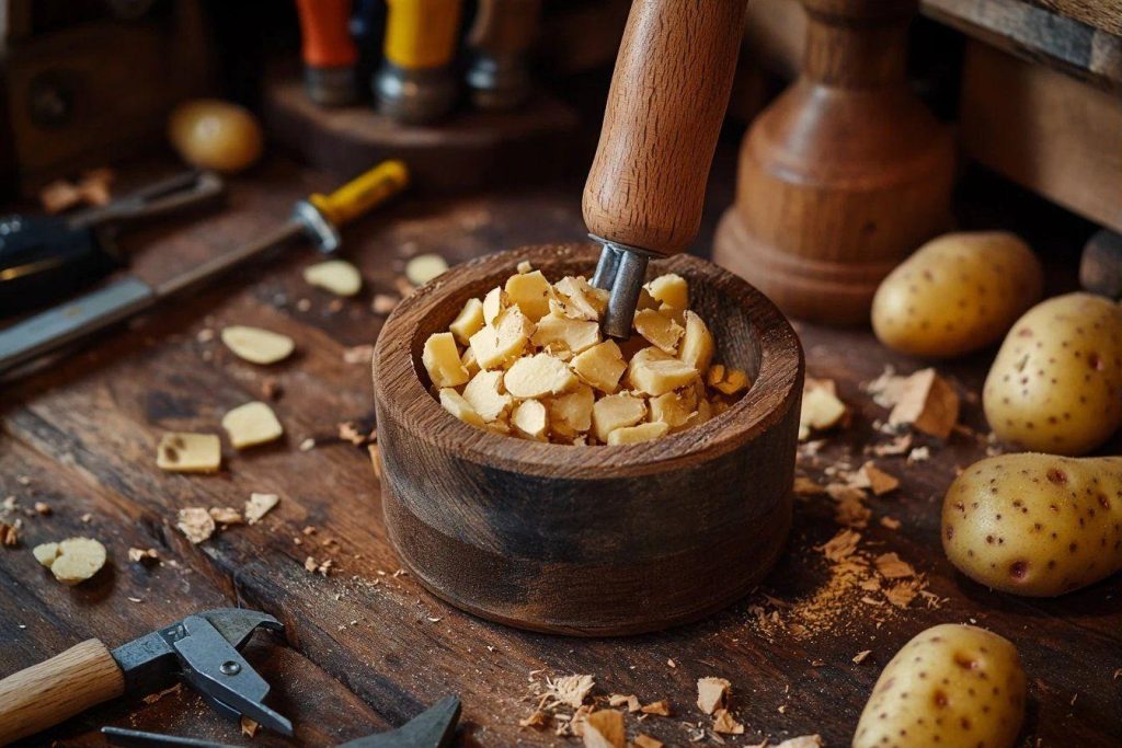Pommes de terre coupées dans un mortier en bois avec pilon
