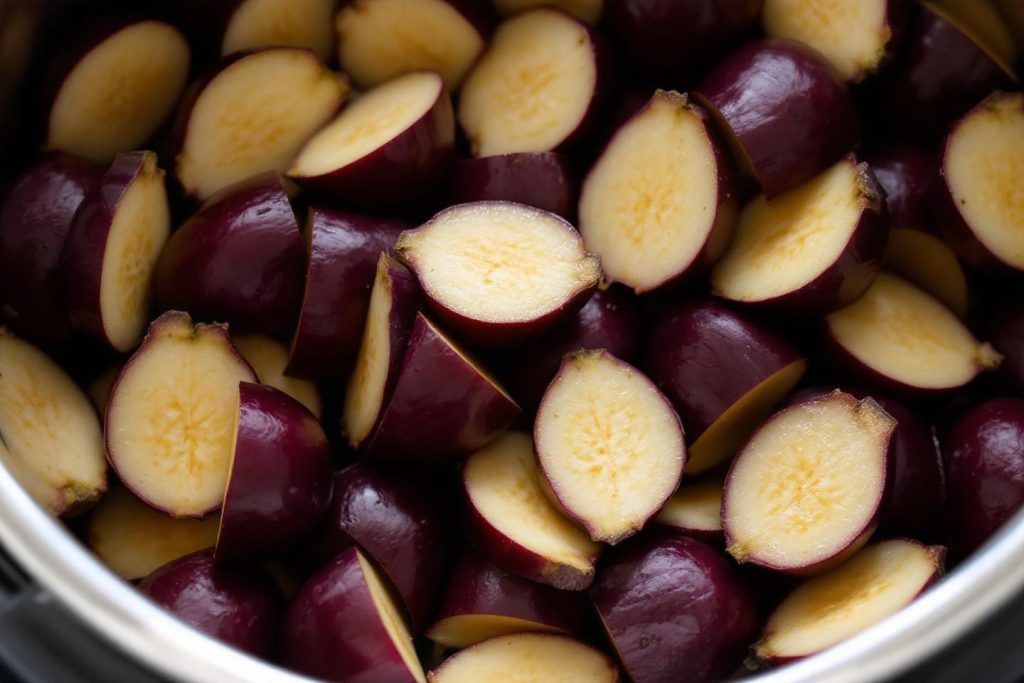 Gros plan de prunes rouges fraîchement coupées