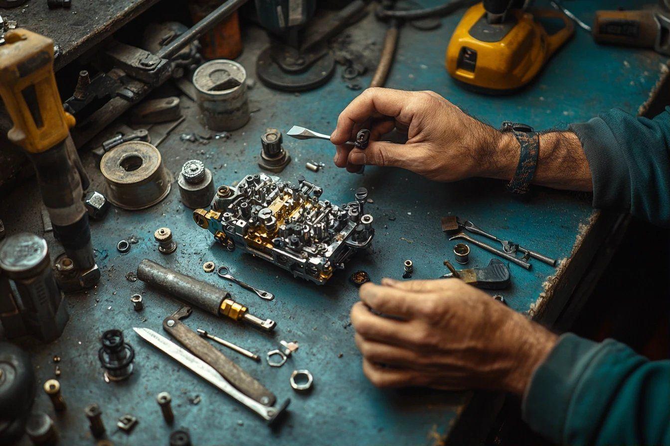 Mains travaillant sur un mécanisme métallique avec des outils