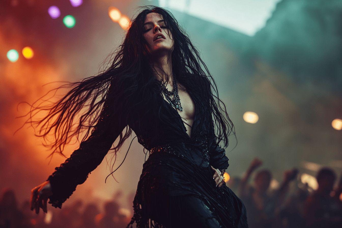 Femme en robe noire dansant avec passion sous les projecteurs