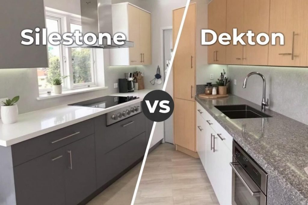Comparaison de deux cuisines modernes avec différents plans de travail
