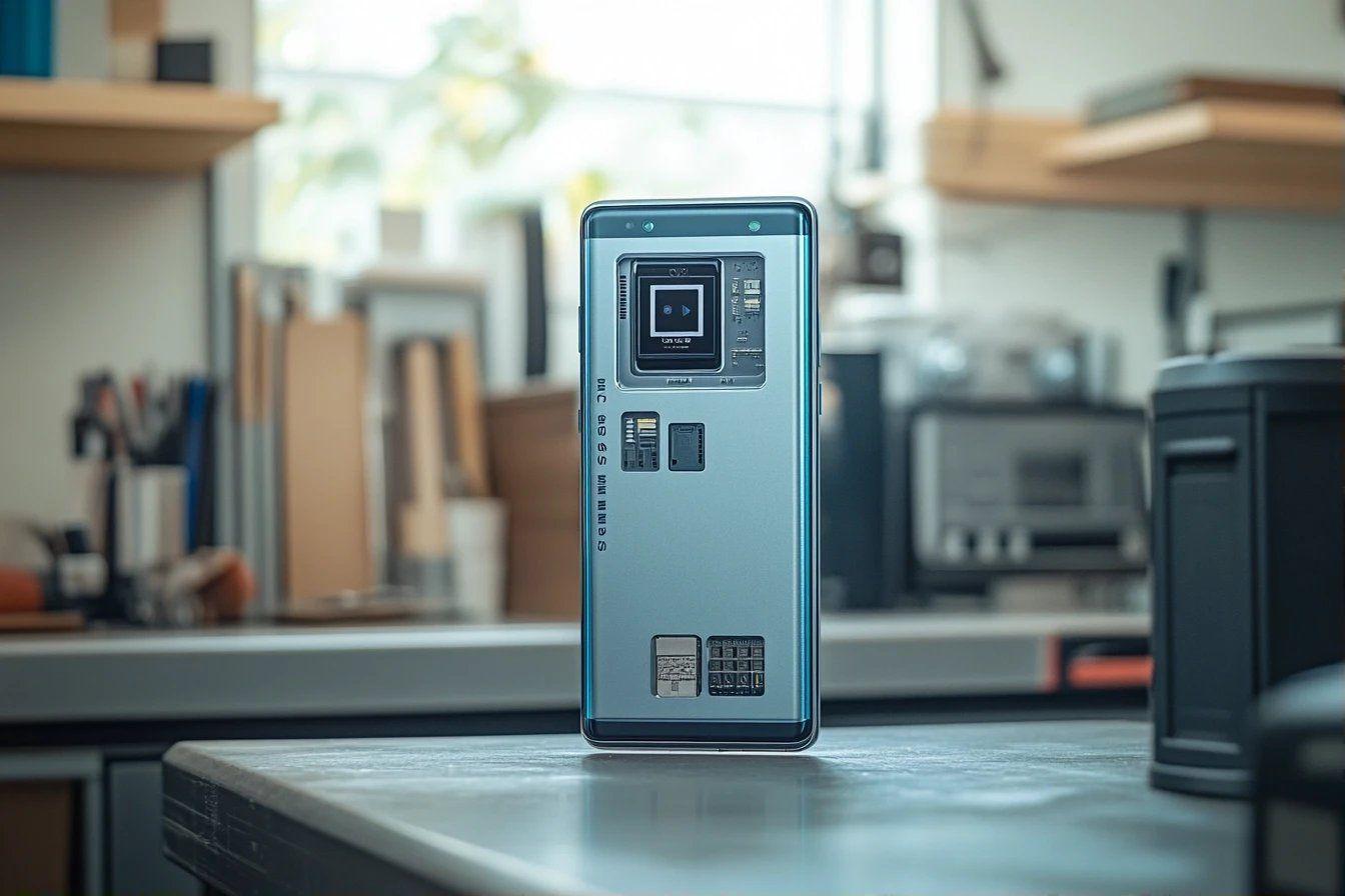 Téléphone intelligent bleu posé sur une surface réfléchissante