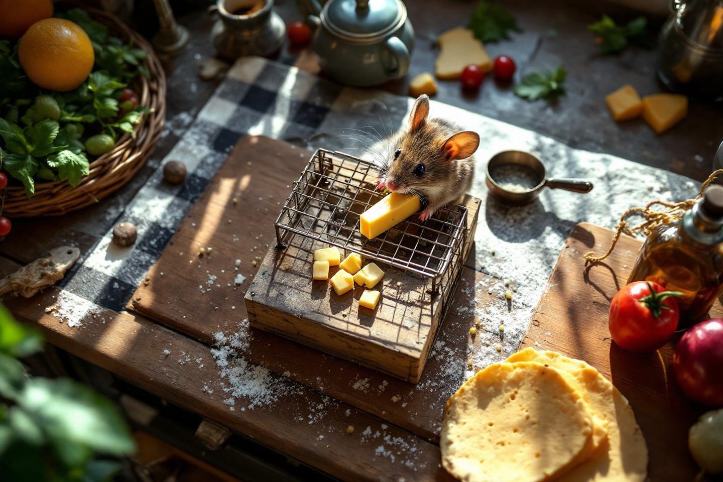 Souris gourmande dans cuisine rustique
