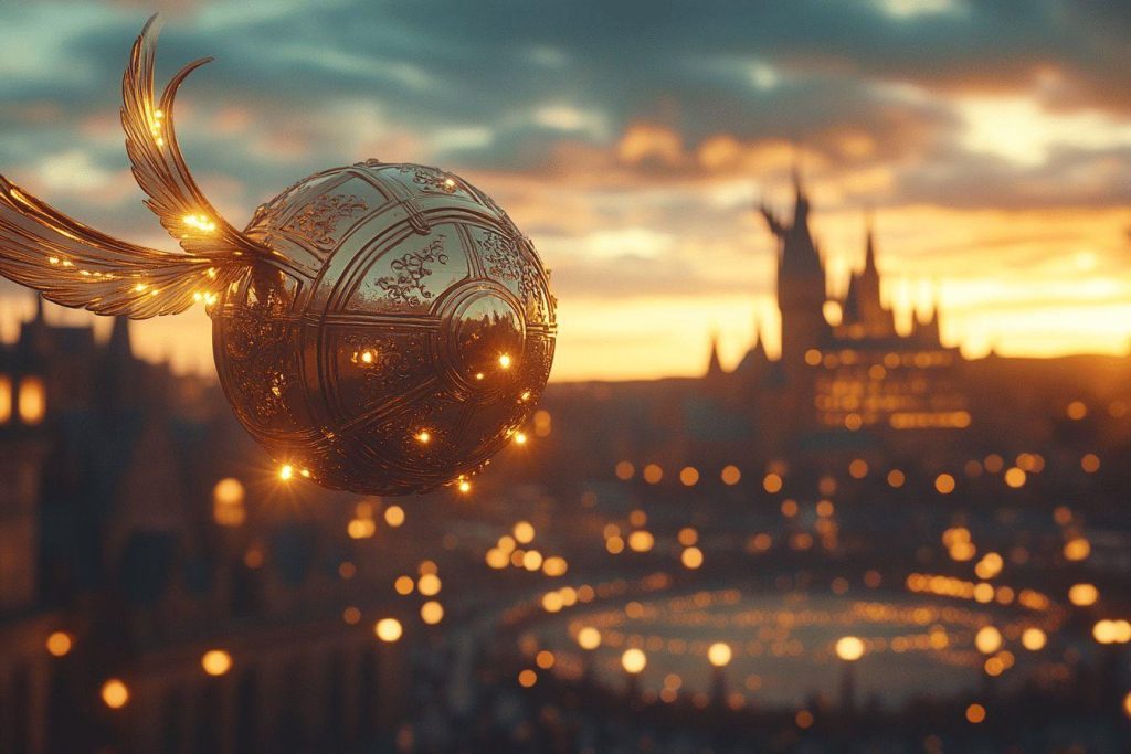 Sphère dorée ailée brillante au-dessus d'un paysage urbain crépusculaire