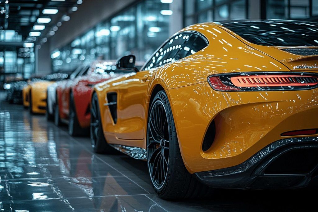 Voitures de sport jaunes brillantes alignées dans un espace moderne