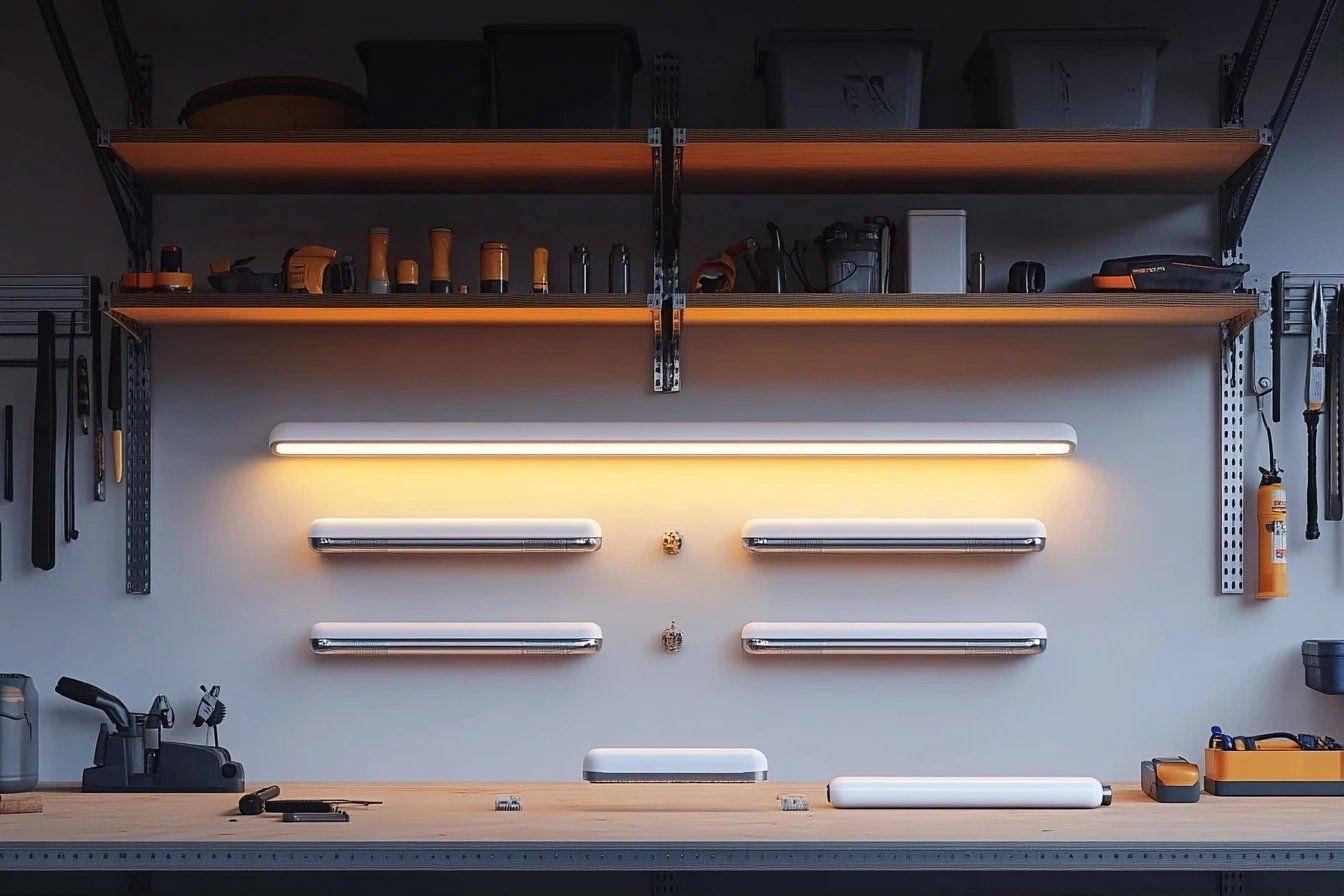 Établi d'atelier avec étagères métalliques et luminaires blancs