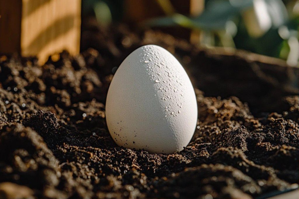 Œuf blanc recouvert de gouttelettes d'eau posé sur sol terreux
