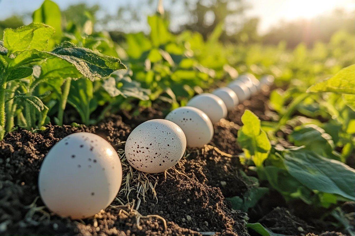 Œufs blancs tachetés dans un jardin verdoyant au soleil