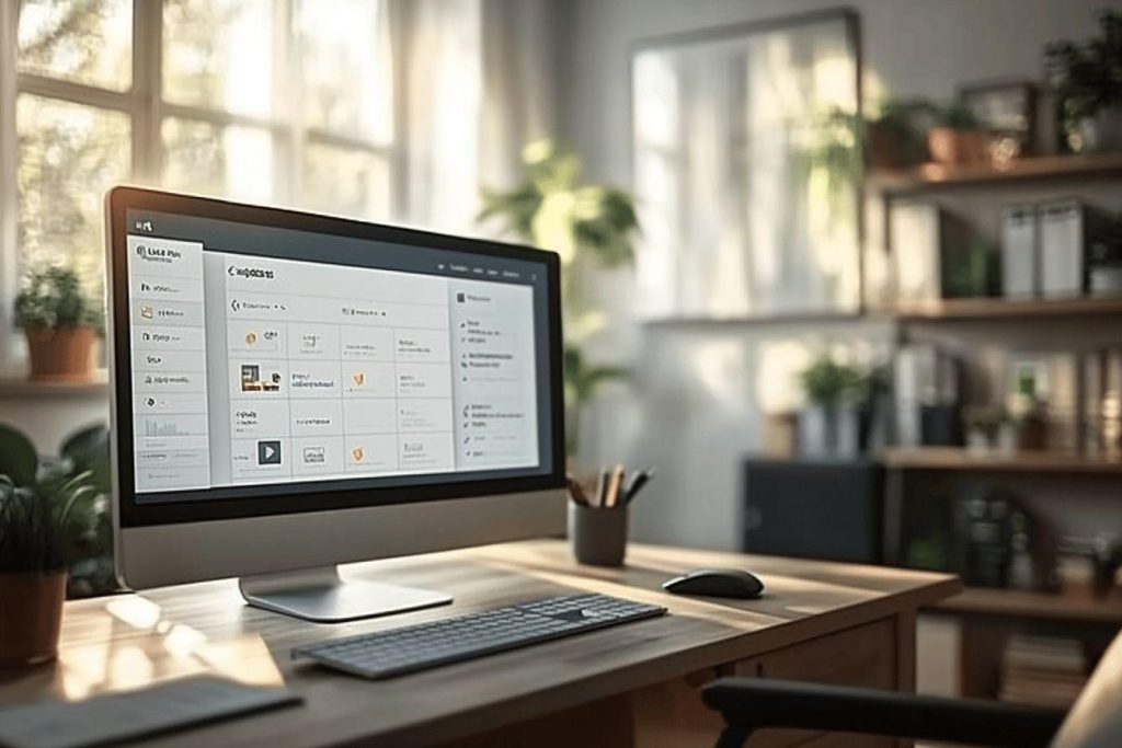 Poste de travail avec écran, clavier et plantes près des fenêtres