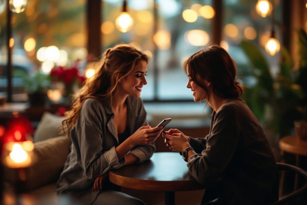 Deux femmes souriantes partageant un moment au café