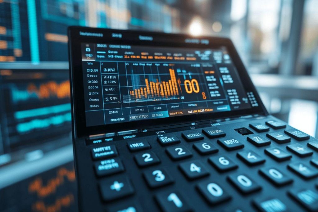 Gros plan sur un écran de trading avec graphiques et calculatrice
