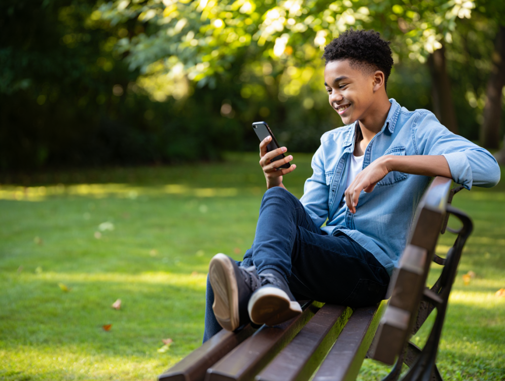 Adolescent assis sur un banc public en plein air, souriant tout en regardant un smartphone. L'herbe verte et les arbres en arrière-plan.