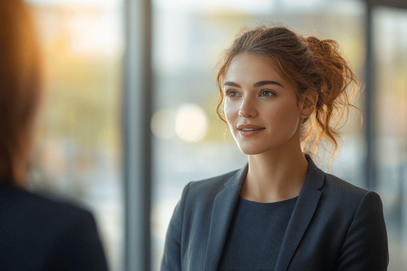 Femme professionnelle souriante dans un costume gris près des fenêtres