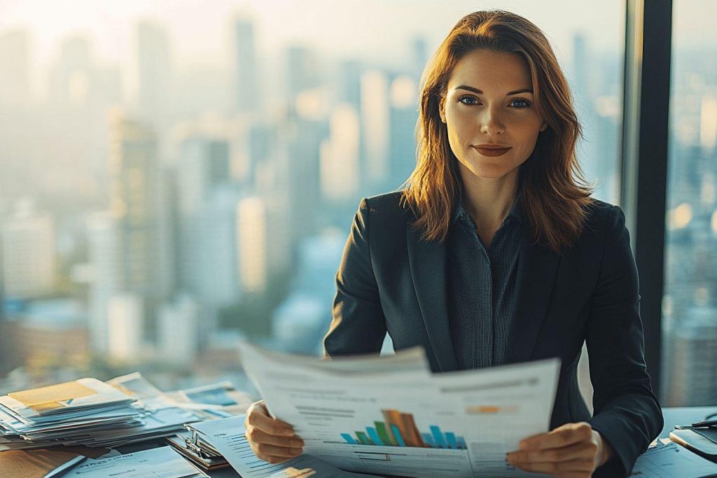 Professionnelle analysant des documents avec des graphiques