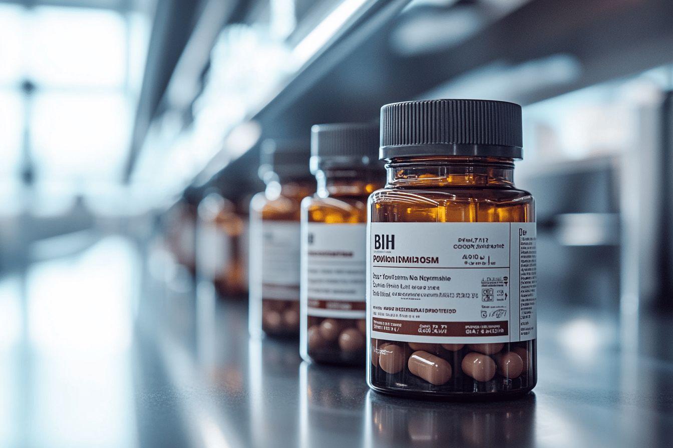 Bouteilles de pilules médicales sur une surface réfléchissante