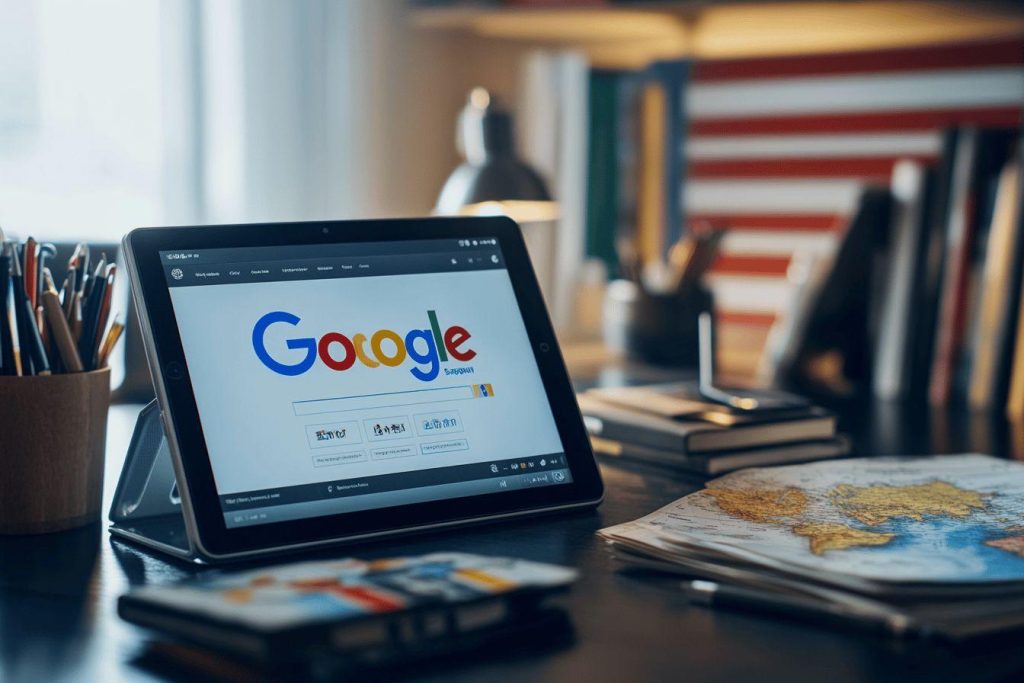 Tablette affichant la page d'accueil de Google avec carte mondiale