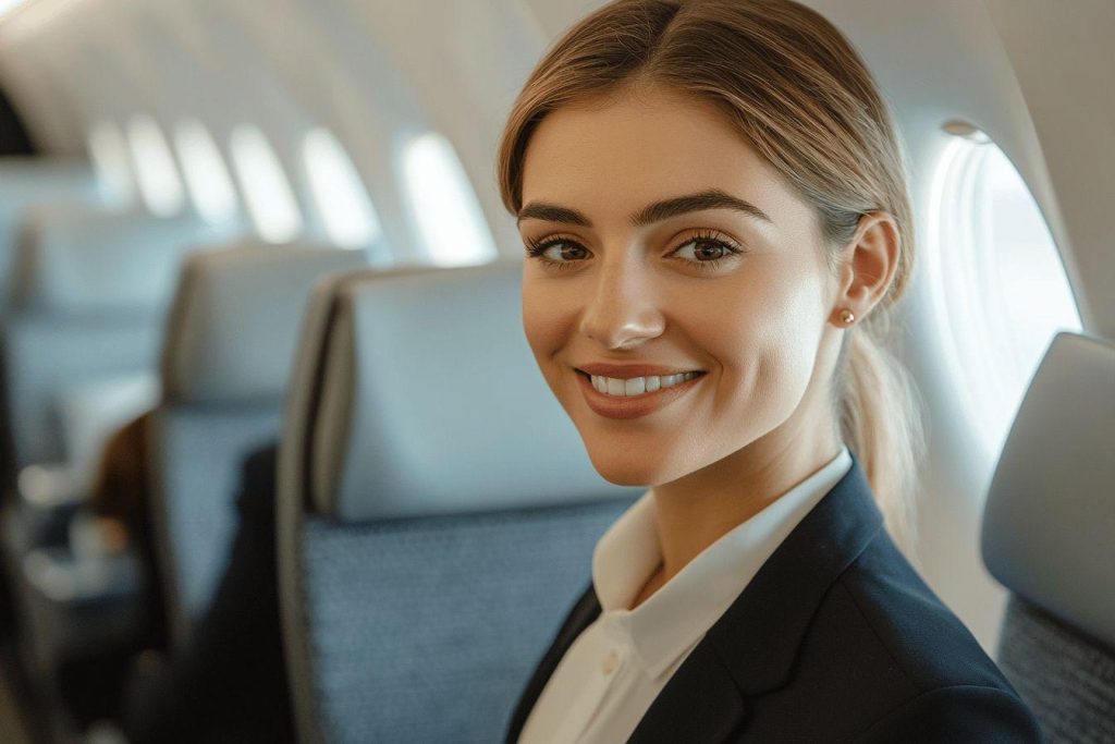 Femme professionnelle élégante souriante dans un environnement aéronautique