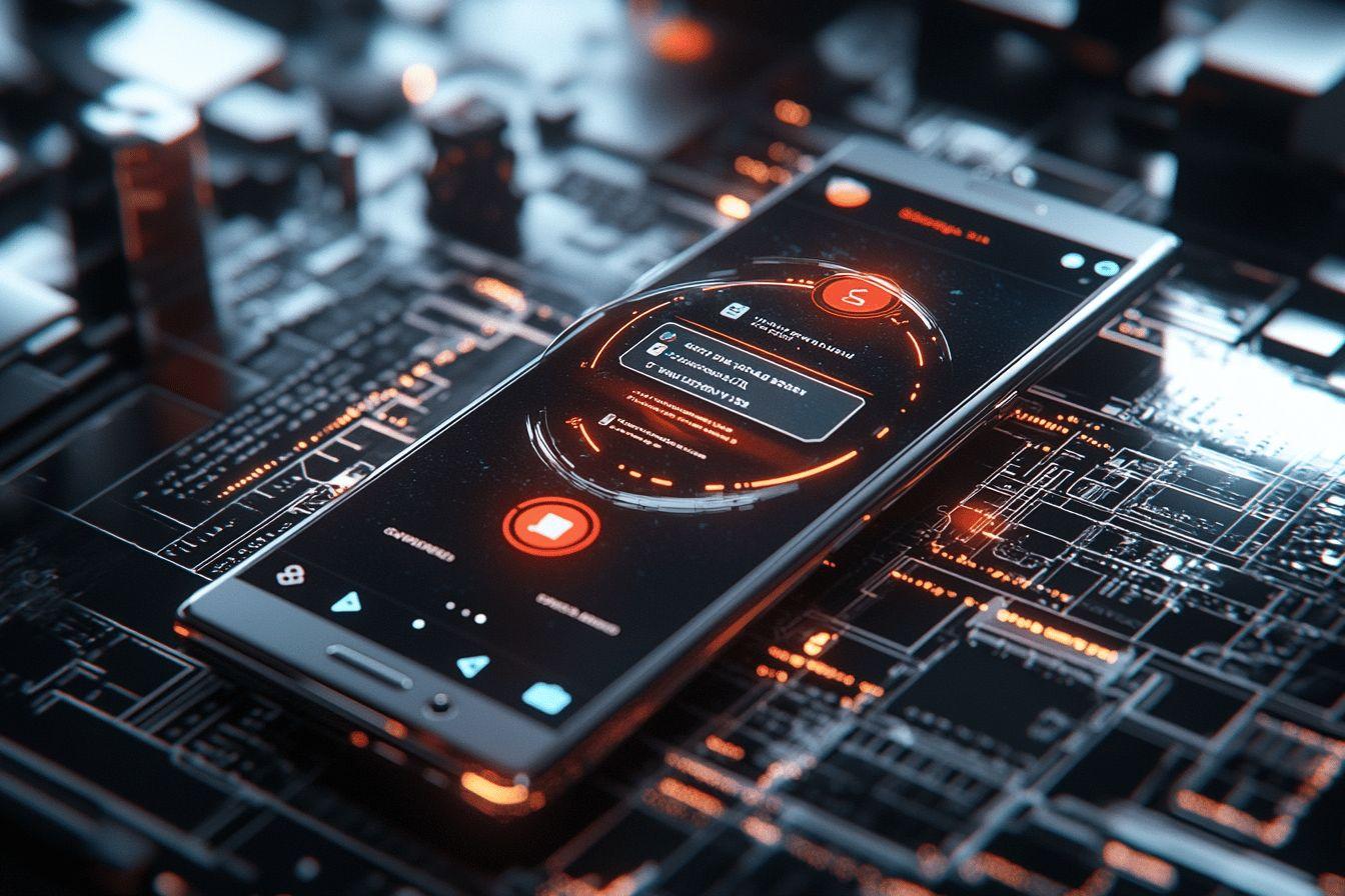 Smartphone high-tech sur circuit électronique avec lumières orangées