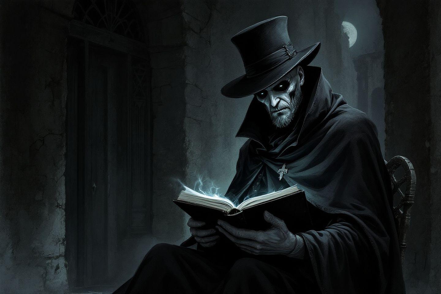 Silhouette sombre lisant un livre magique dans une nuit obscure