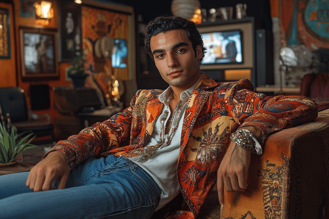 Homme stylé veste motifs orange assis dans un décor artistique