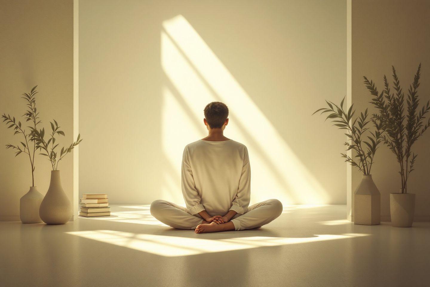 Personne méditant dans une pièce lumineuse avec des plantes