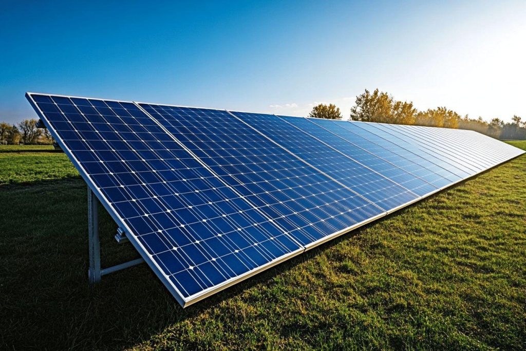 Rangée de panneaux photovoltaïques bleus sur terrain herbeux