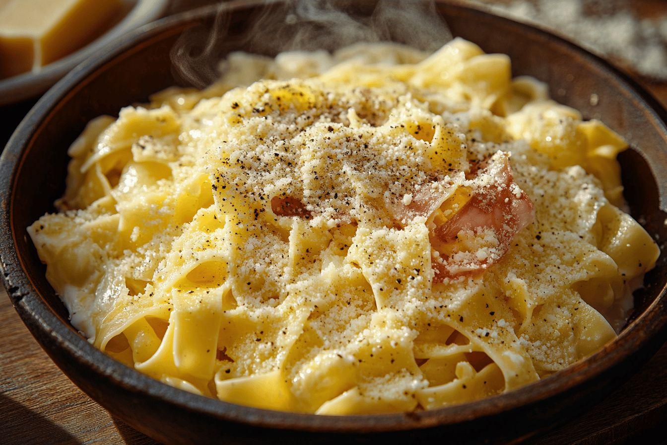Plat de pâtes larges avec fromage râpé et poivrées