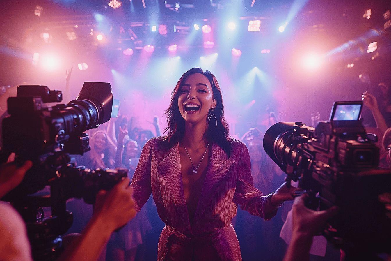 Femme souriante sur scène entourée de caméras
