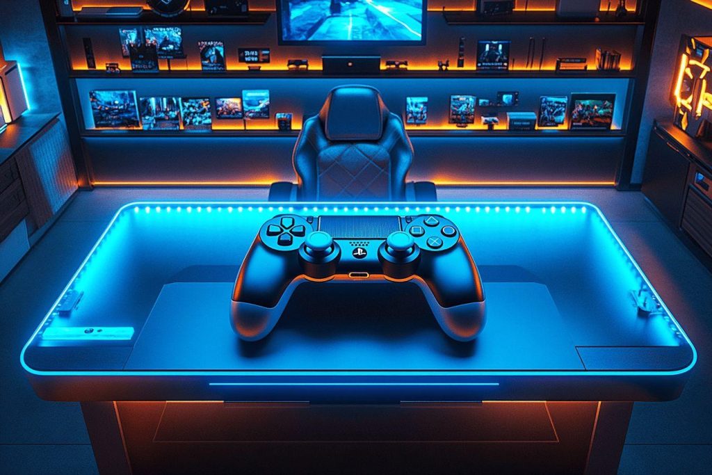 Manette PlayStation sur bureau lumineux bleu avec étagères de jeux