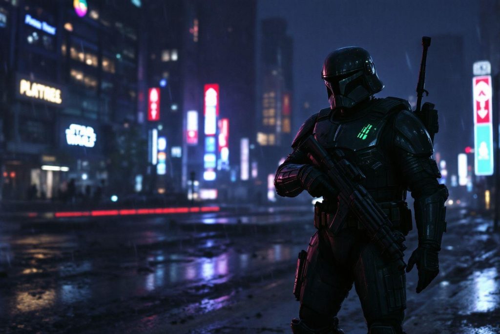 Armure futuriste sur fond de ville néon sombre et humide