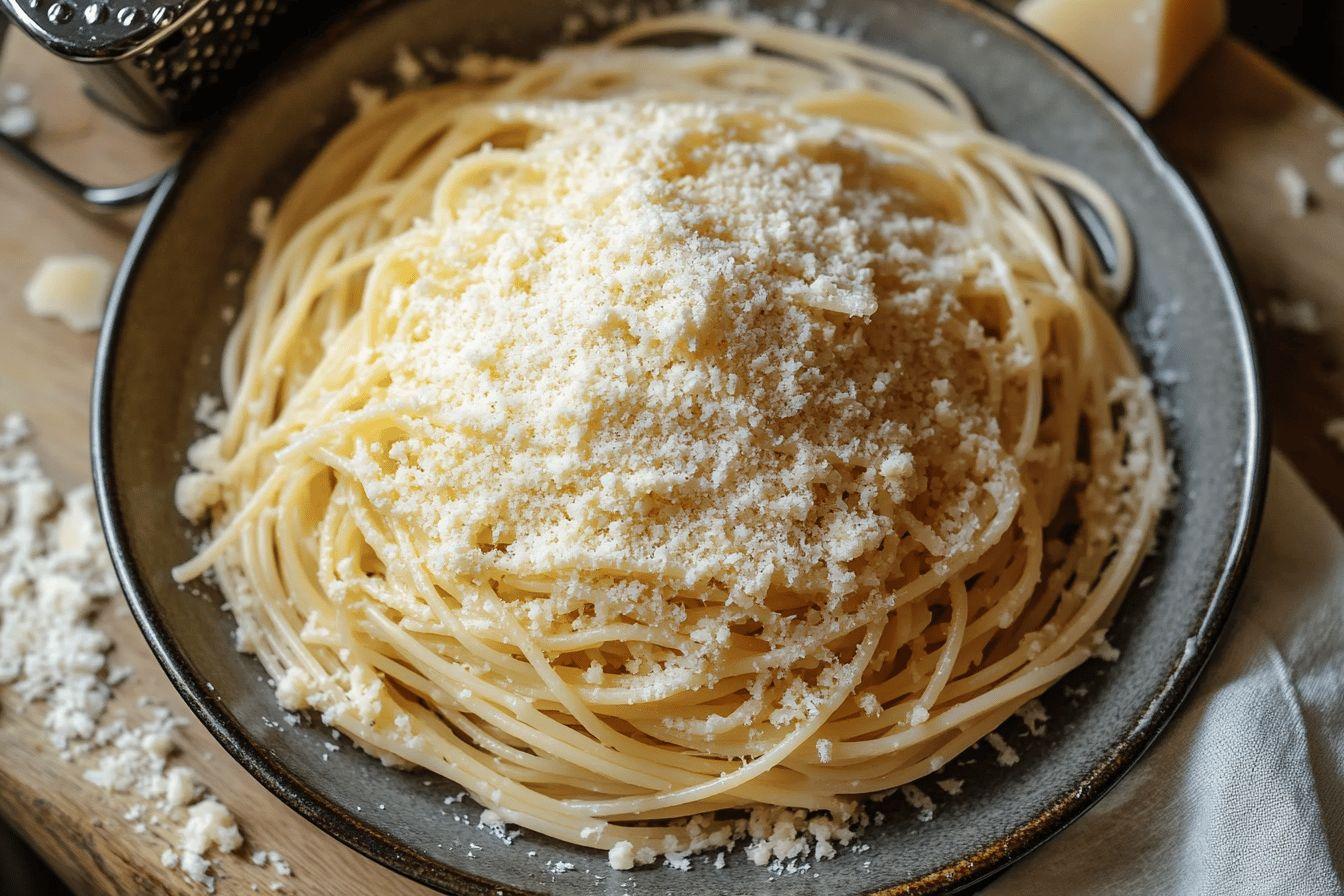 Assiette de spaghettis couverts de parmesan finement râpé