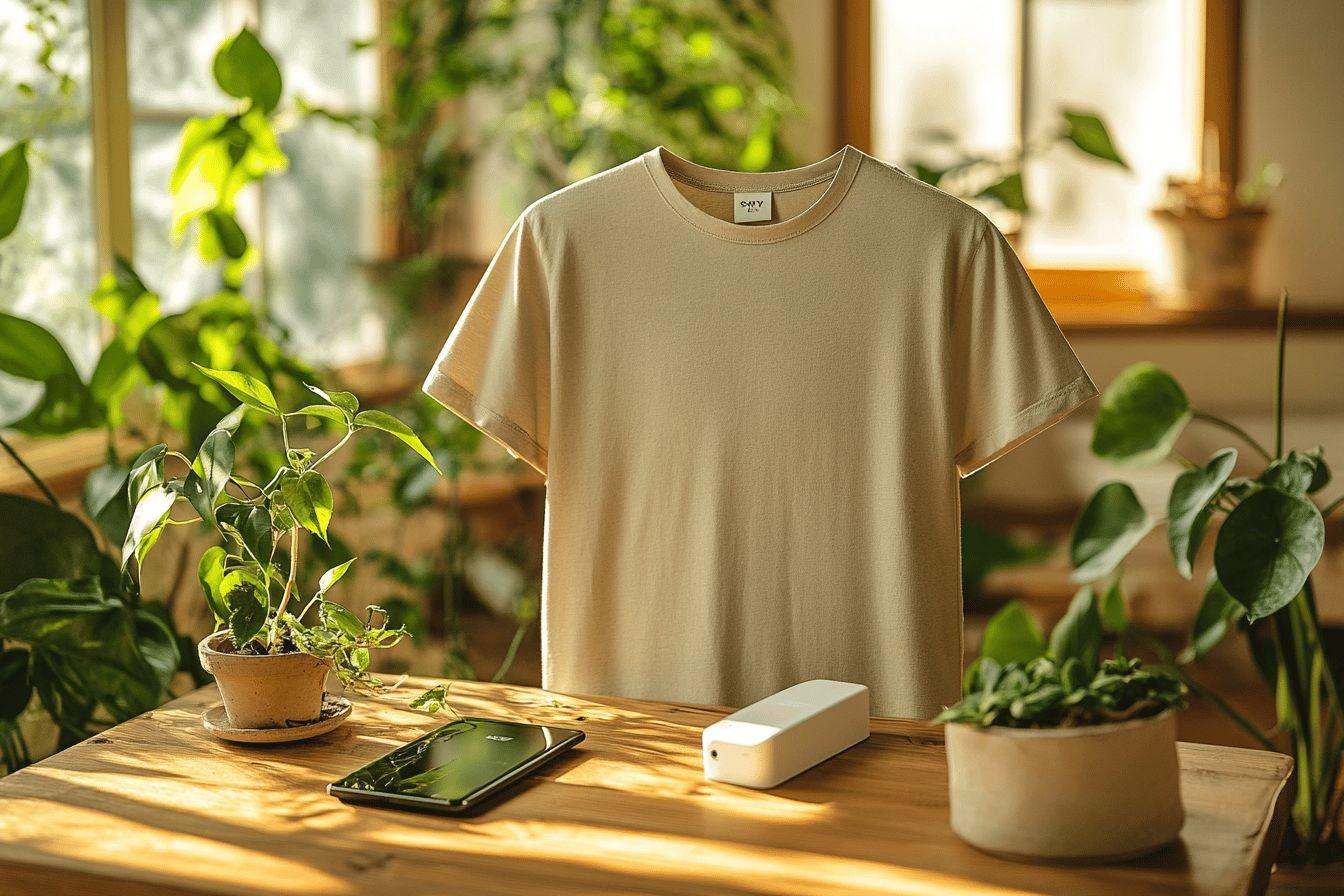 T-shirt beige près des plantes vertes