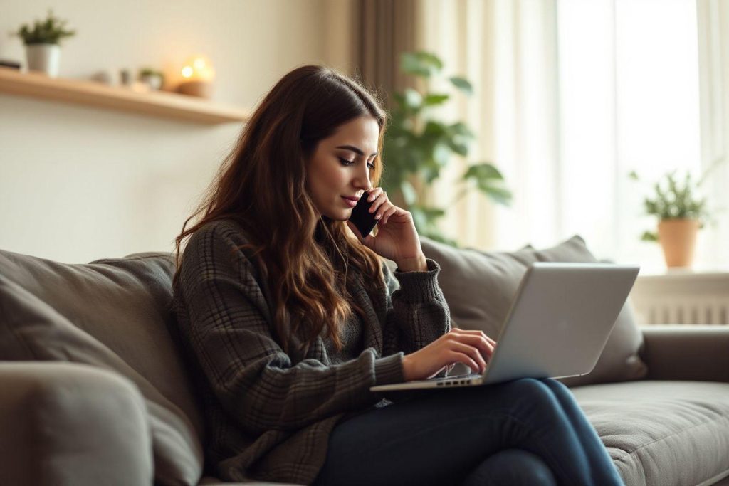 Femme au téléphone travaillant sur ordinateur portable à la maison