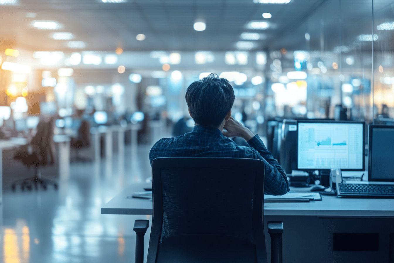 Dos d'un employé devant des écrans dans un espace ouvert