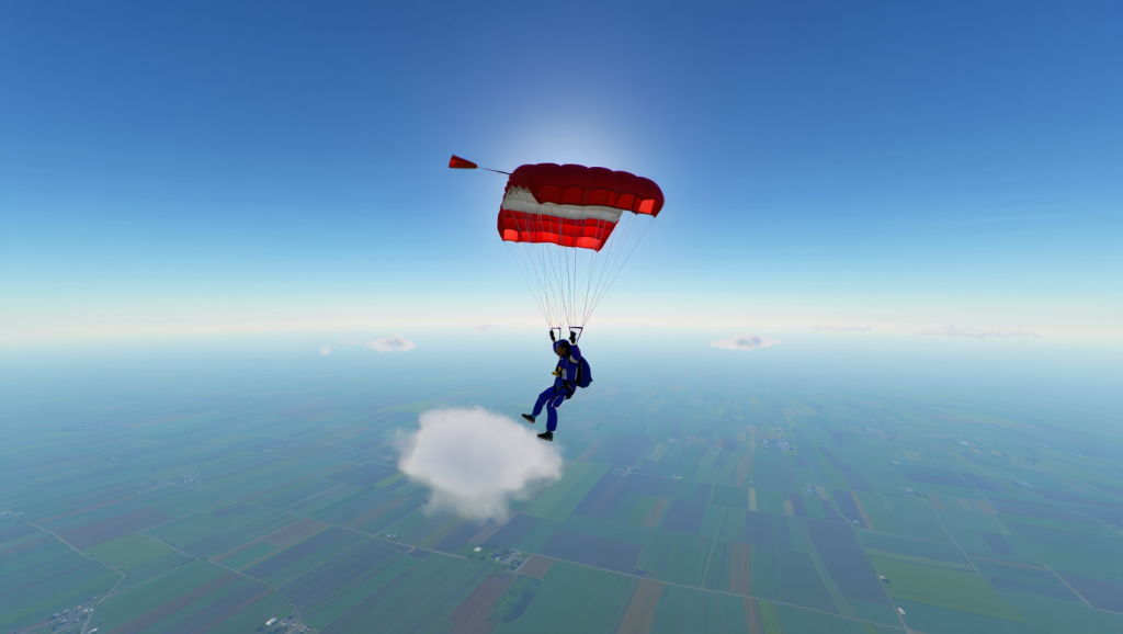 Une personne munie d'un parachute rouge descend dans un ciel clair au-dessus de terres agricoles en patchwork, s'approchant d'un petit nuage blanc.