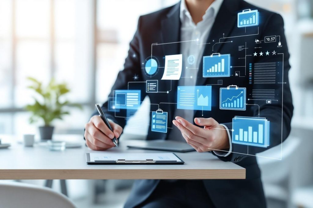 Homme d'affaires travaillant avec des graphiques numériques interactifs