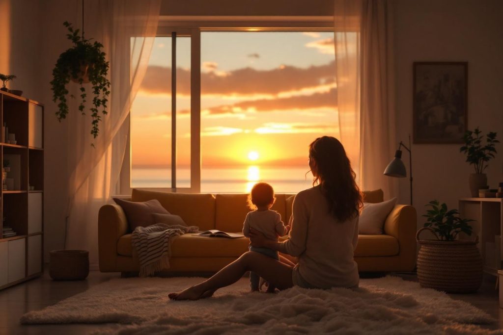 Une mère et son enfant regardant le soleil se coucher ensemble