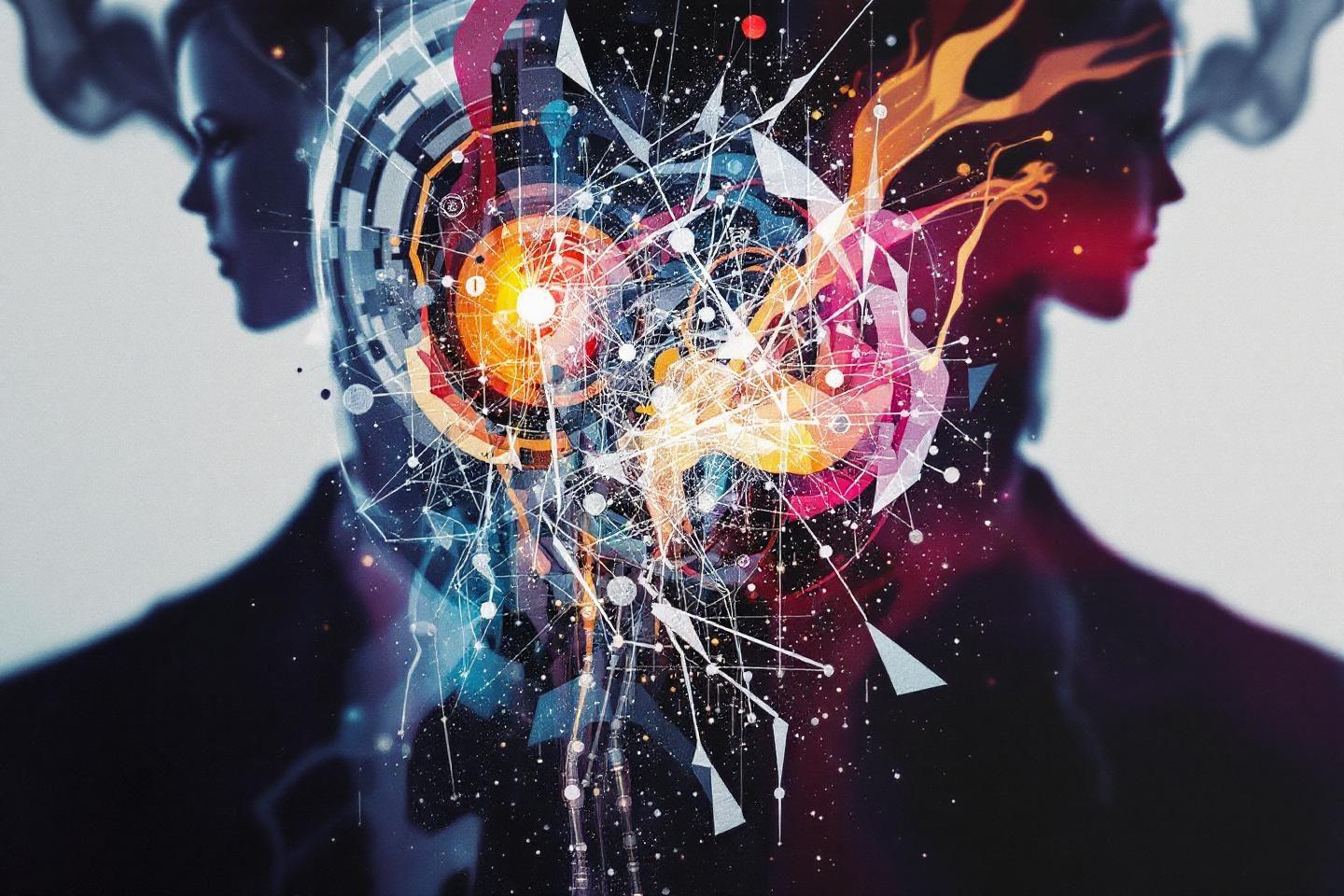 Silhouettes avec réseau neuronal coloré dans l'espace